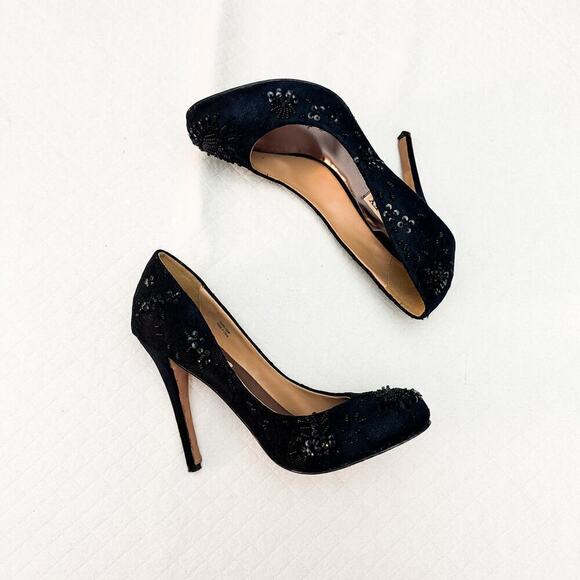 Badgley Mischka Black Satin Round Toe Beaded Pump Heel Size 6.5 - Picture 3 of 7